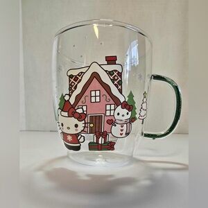 Hello Kitty Christmas Mug Gingerbread House Snowman Clear Glass Glitter Handle